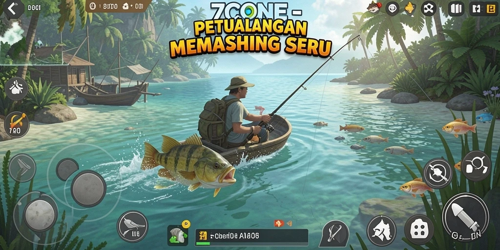 Screenshot gameplay 7CONE yang menunjukkan aksi memancing yang seru.