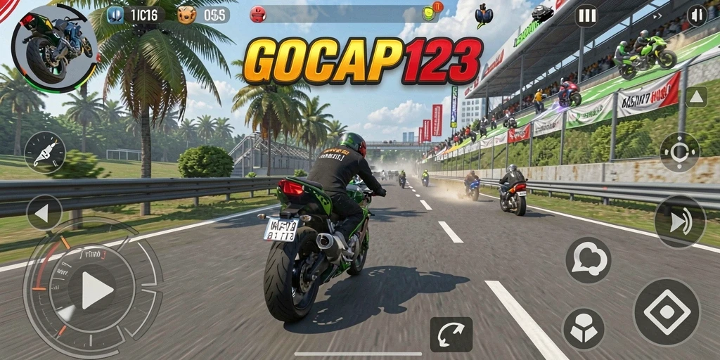 Tampilan gameplay GOCAP123 dengan balapan motor yang mendebarkan.