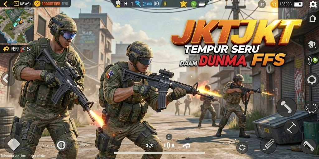 Screenshot gameplay JKTJKT menampilkan pertempuran intens di medan perang.