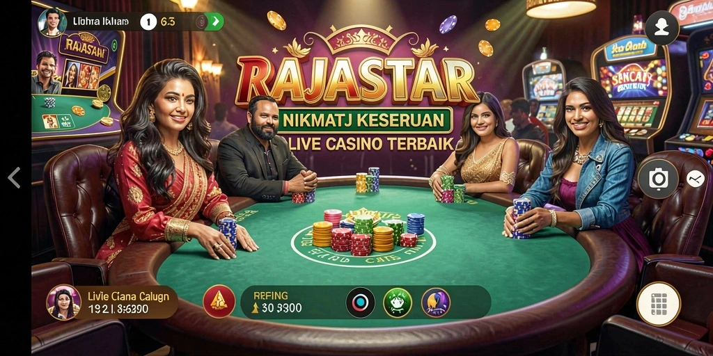 Screenshot utama RAJASTAR menampilkan dealer dan pemain dalam permainan Live Casino.